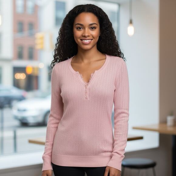 Victoria's Secret Open Knit Lace Trim Pink Henley Top Sz XS Y2K Elena Gilbert - Picture 2 of 10